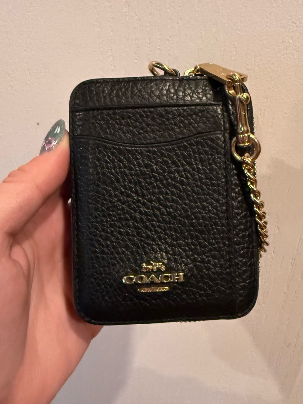 Coach Black Pebbled Leather Card Case with Gold Chain Accent